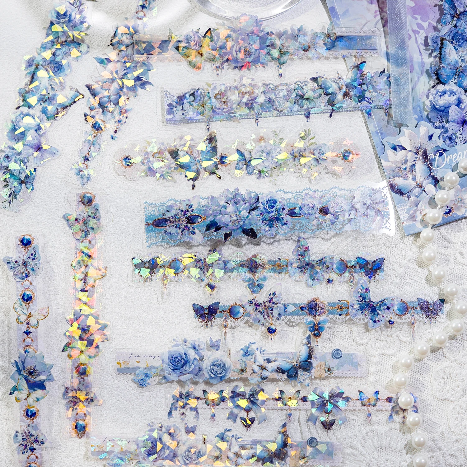 Flower Butterfly Theme Shell Light Lace Edge PET Sticker Pack DIY Handmade Material Scrap Book Decoration Aesthetics Stationery