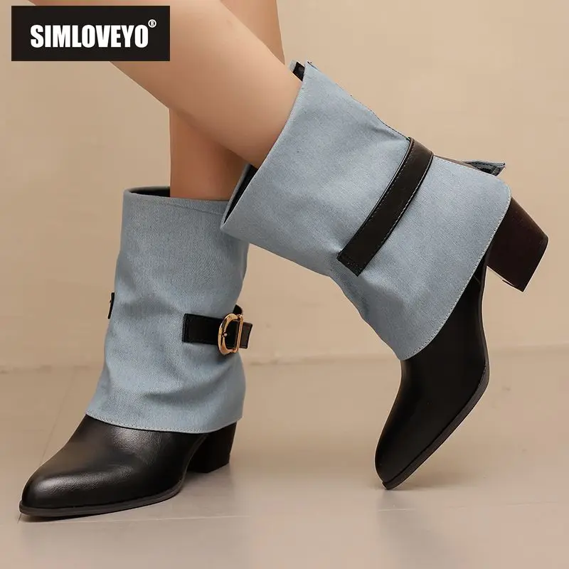 

SIMLOVEYO 2025 г. Женские туфли до середины икры с острым носком на блочном каблуке 5 см, цвет с пряжкой на ремне, большой размер 47 48 Sweet Dating Bota