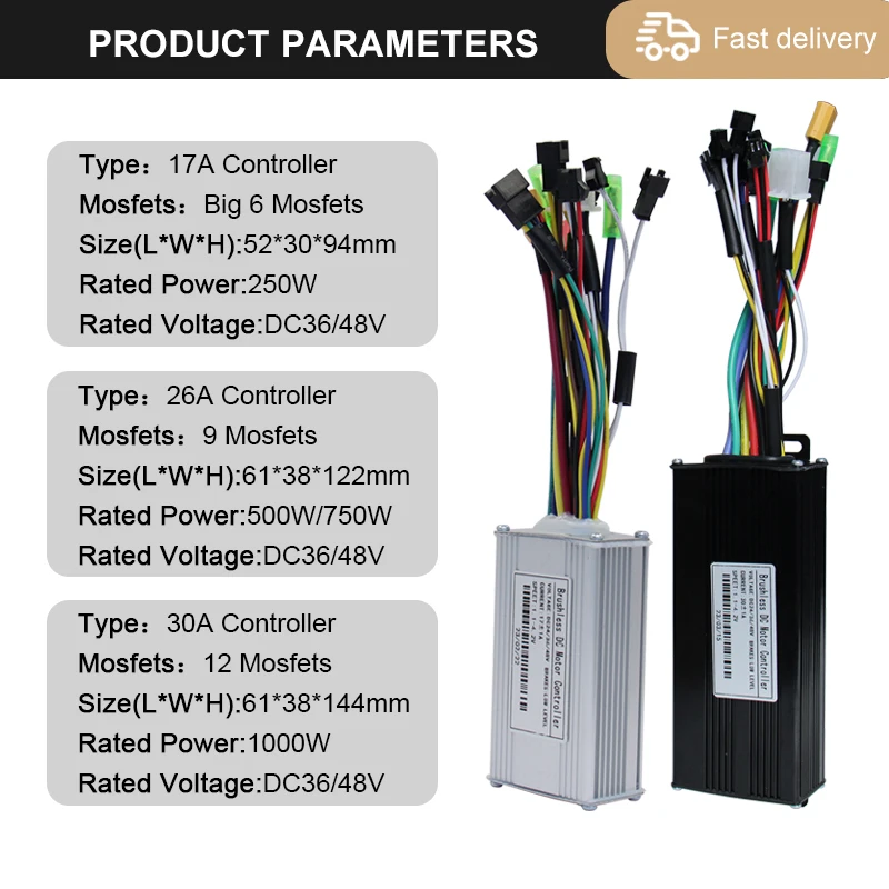 전기 자전거 브러시리스 사인파 컨트롤러, 3 가지 모드 컨트롤러, 센서 및 센서리스, 250W-1000W, 17A26A30A, 36V, 48V
