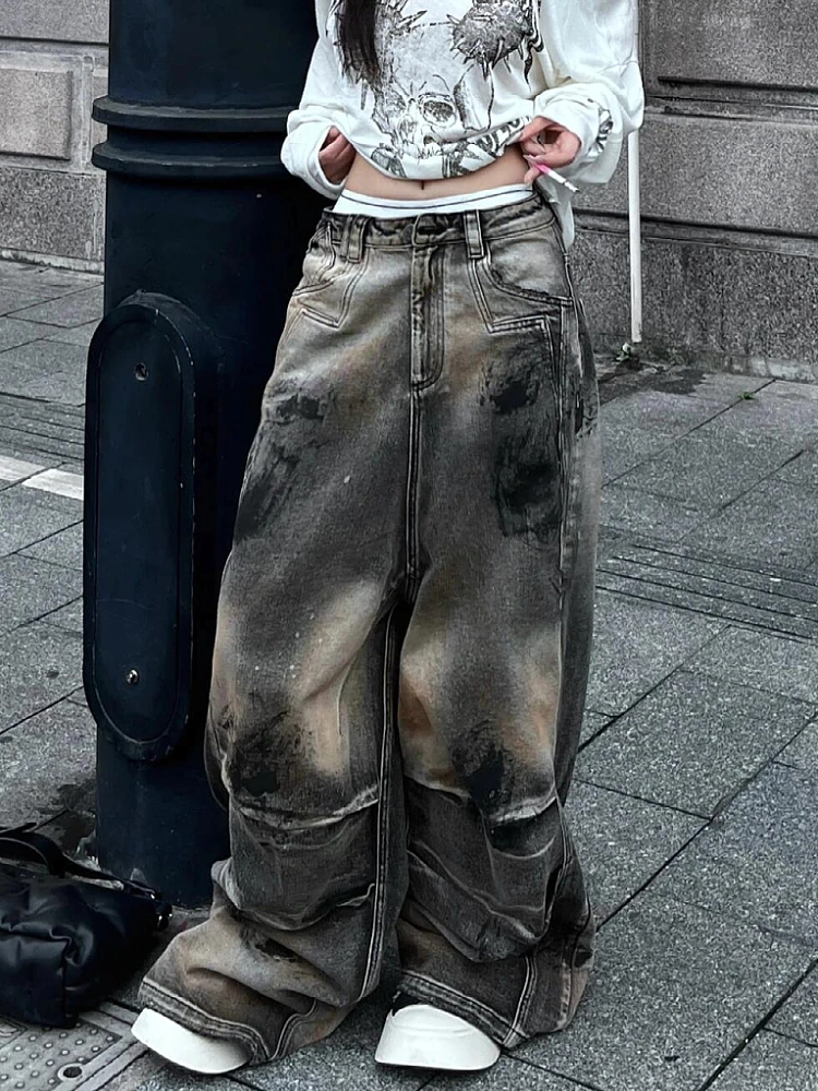 

Large Size American Street Sle Heavy Du Stained Jeans Men Women Autumn Winter Vintage Faded Loose Pleated Floor-Length Pants