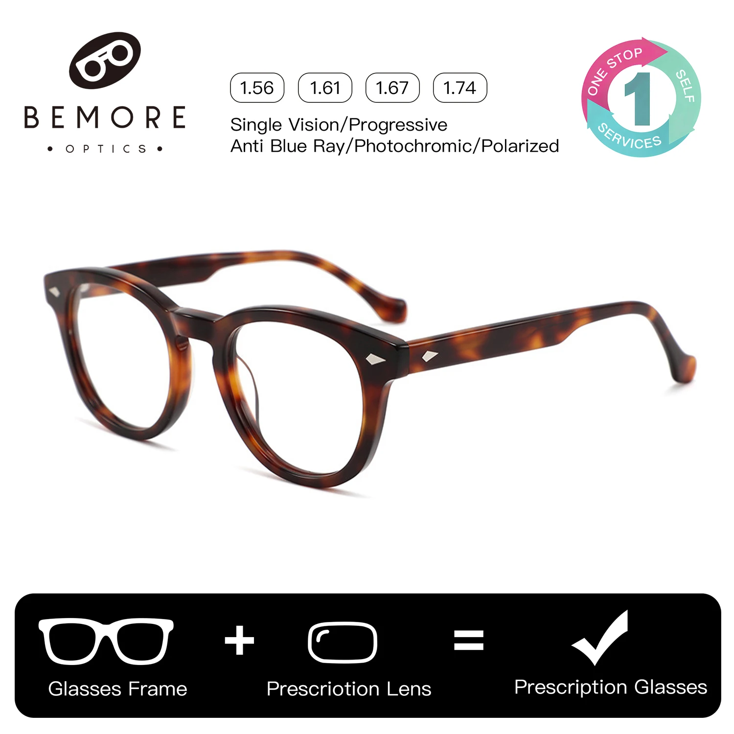 

BEMORE Unisex Ultralight Acetate Round Progressive Multifocal Lenses Square Blue Light Filter Prescription Eyeglasses