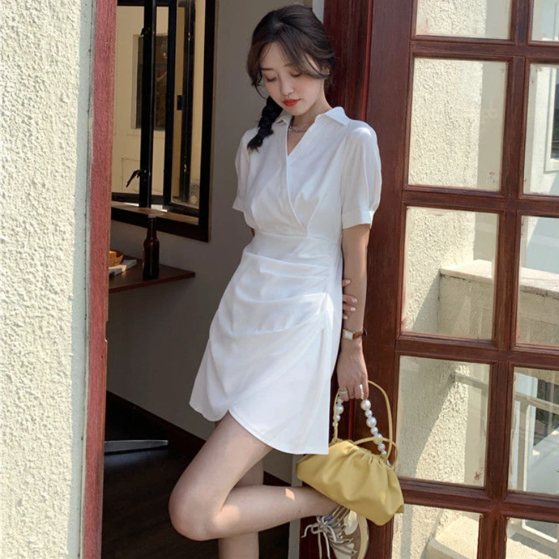 Dresses Women Solid Folds Design Ulzzang Teens Lovely Sundress Summer High Waist Holiday All-match Streetwear Schoolgirls Chic