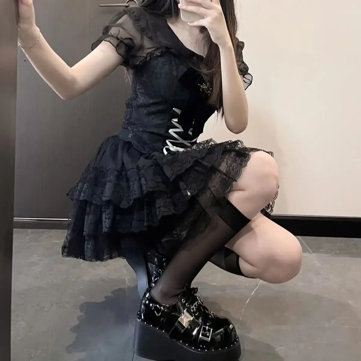 NONSAR Gothic Lolita Short Skirt Sets Women Dark Ballet Style Lace Patchwork Black Skirt and Y2k Girls Lace-up Slim Kawaii Top