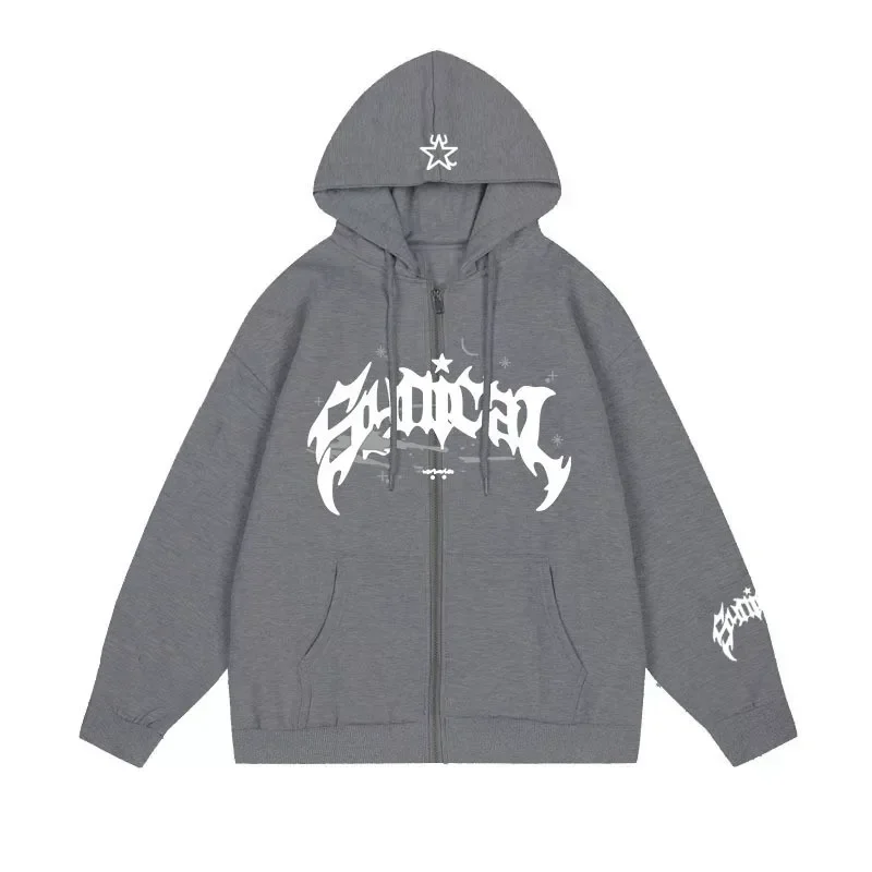 Men's Zipper Retro Hooded Sweatshirt with Star lettering Multi functional Casual Jacket, American Fashion 2026