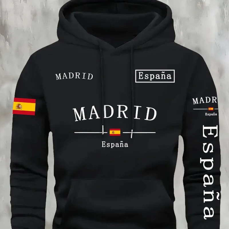 Bandera española madrid impresa Otoño e Invierno cálido algodón hombres polar sudadera con capucha de gran tamaño viajero al aire libre top elástico alto para hombres