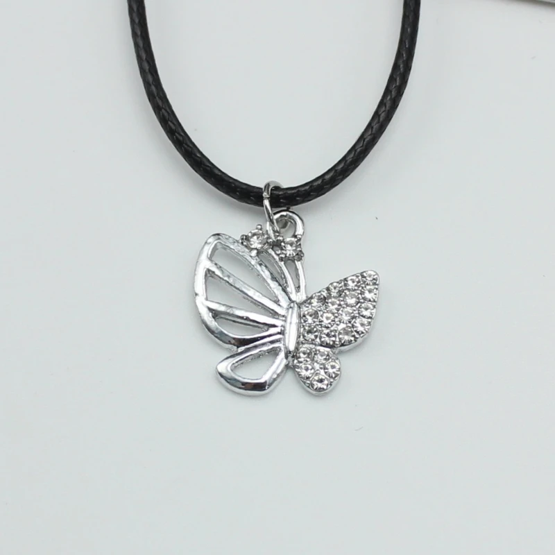 Silver Color Butterfly Rhinestone Pendant Necklace for Women 45+5cm PU Leather Wax Line Clavicle Collar Fashion Jewelry Gift
