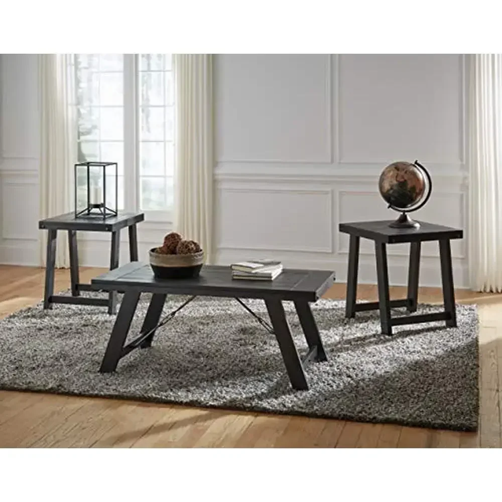 Black Farmhouse Acacia Wood 3-Piece Table Set with Canted Legs Coffee Table and 2 End Tables Industrial Charm Easy Assembly