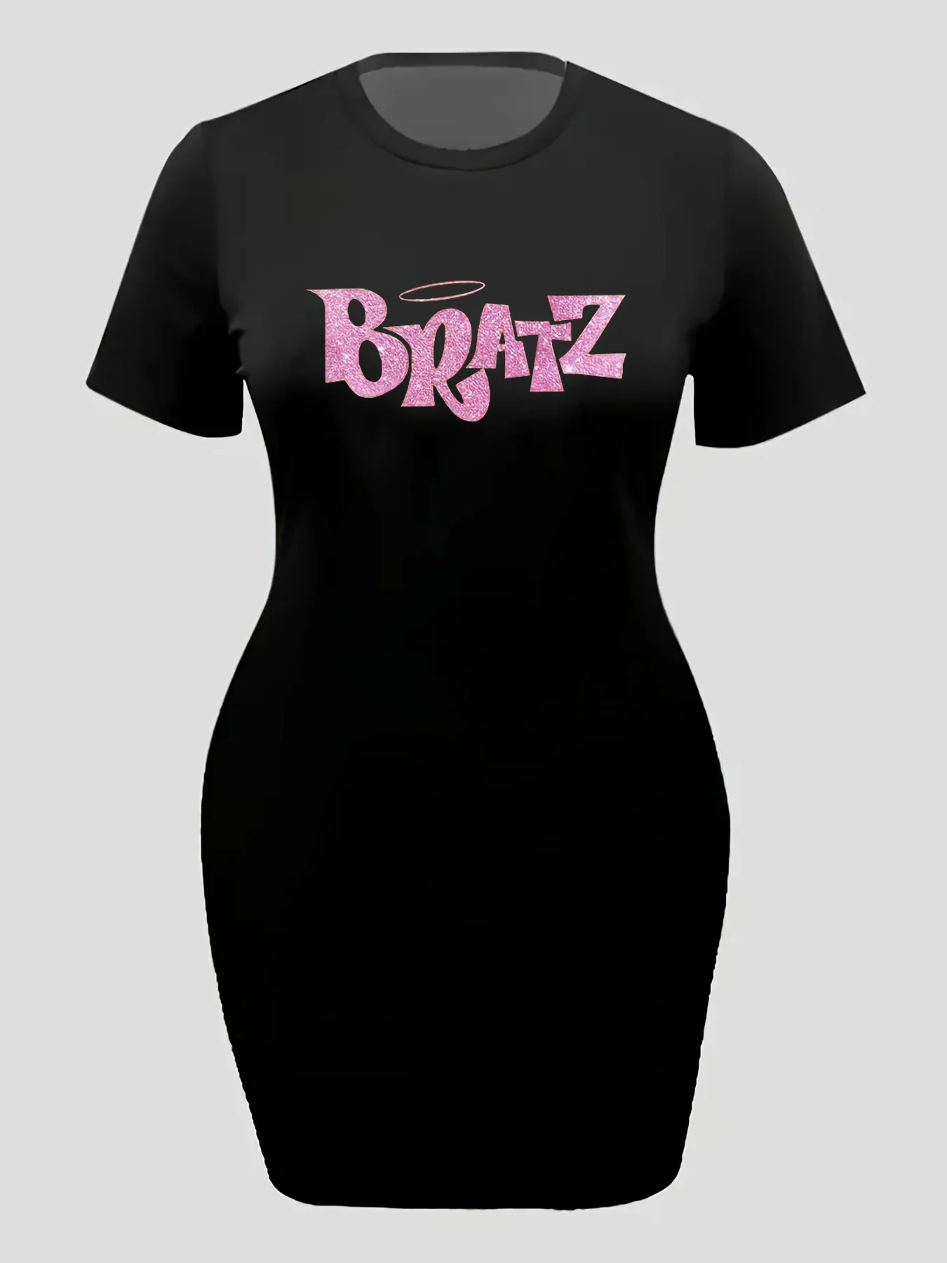 Summer women\'s BRATZ letter print casual slim fit short sleeved round neck T-shirt mini dress  Short Sleeve Shirt Mini Dresses