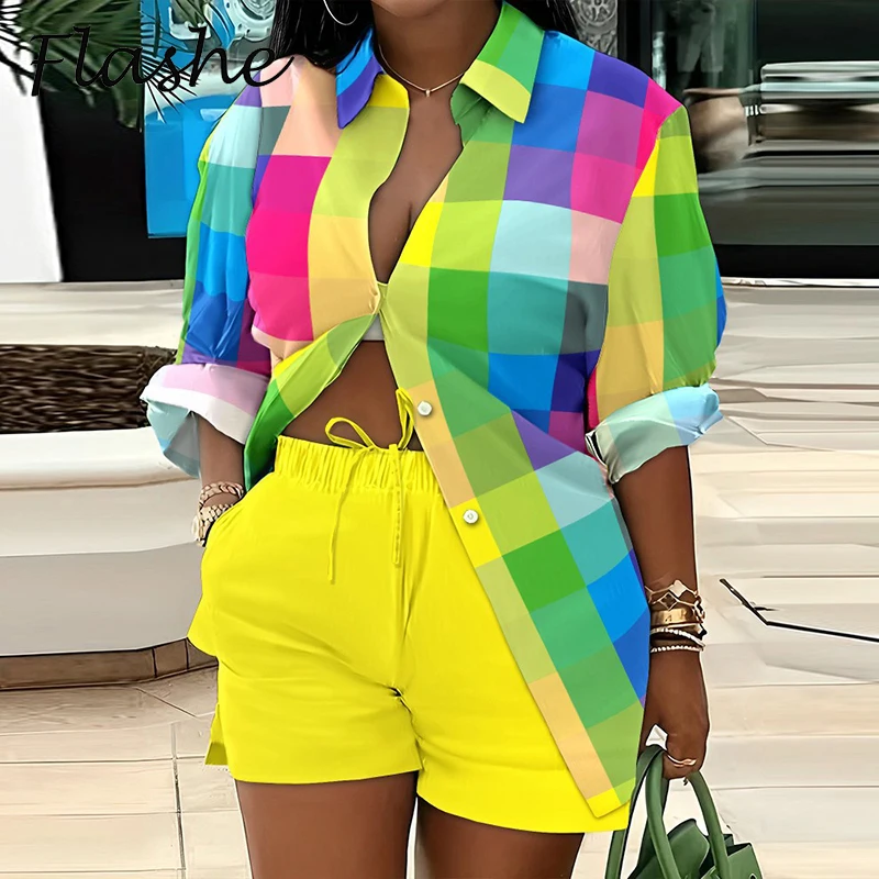 

Women Vintage Print Long Sleeve Button Shirt Blouse High Waist Drawstring Shorts Suit Women Summer Beach Two Piece Set