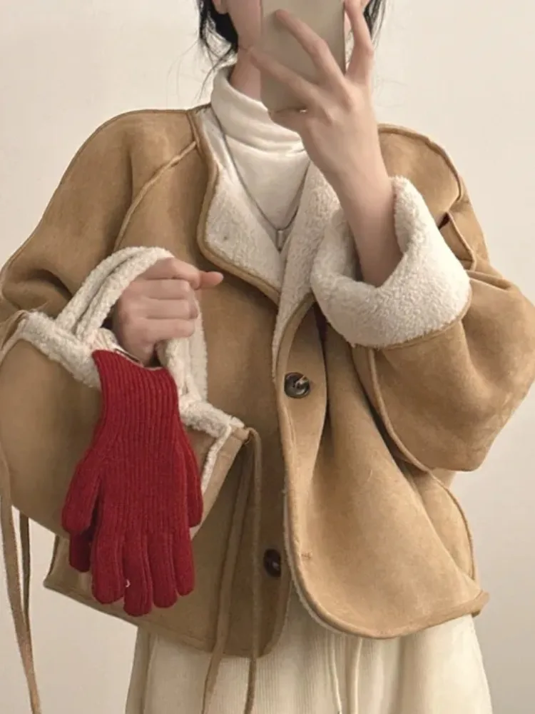 Chic Herbst Winter Thiened Warm Lammfell Jaet Damen Faion Simple Sli Inteated Leder und Pelzmantel mit Tasche