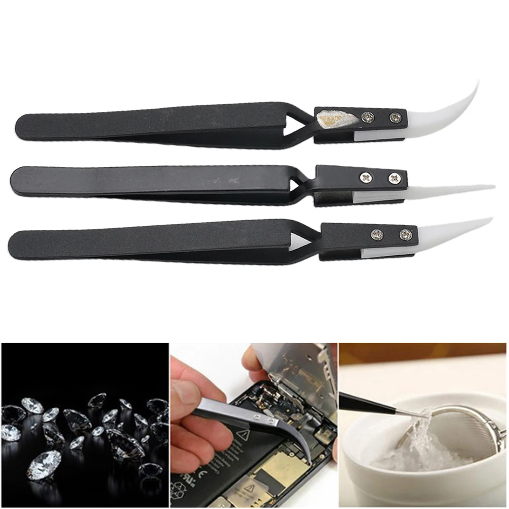 1pc Anti-static Ceramic Tweezers Stainless Steel Industrial Ceramic Tweezers Anti-magnetic Precision Tweezers Repair Tools