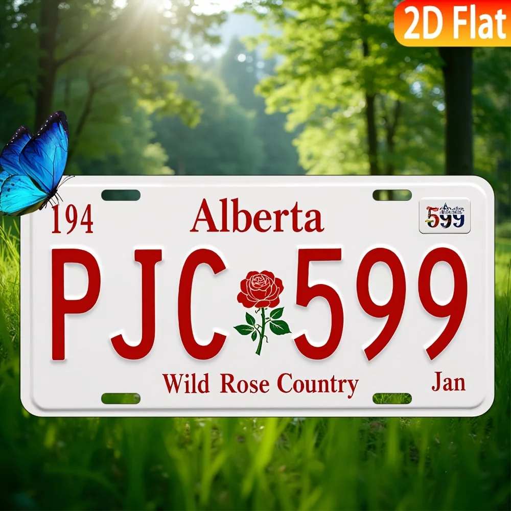 Alberta License Plate Sign -  Metal Wall Decor, , Red & White with Wild Rose Design, Perfect for Home, Bar, Garage, for Man Cave