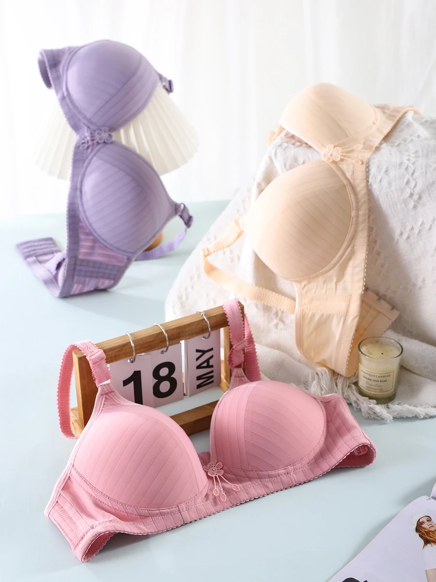 

Ultra-Thin Summer Bra Women's Wire-Free Double Strap Anti-Sagging Side-Cheek Nylon Fabric V-Neck Knot Underwear