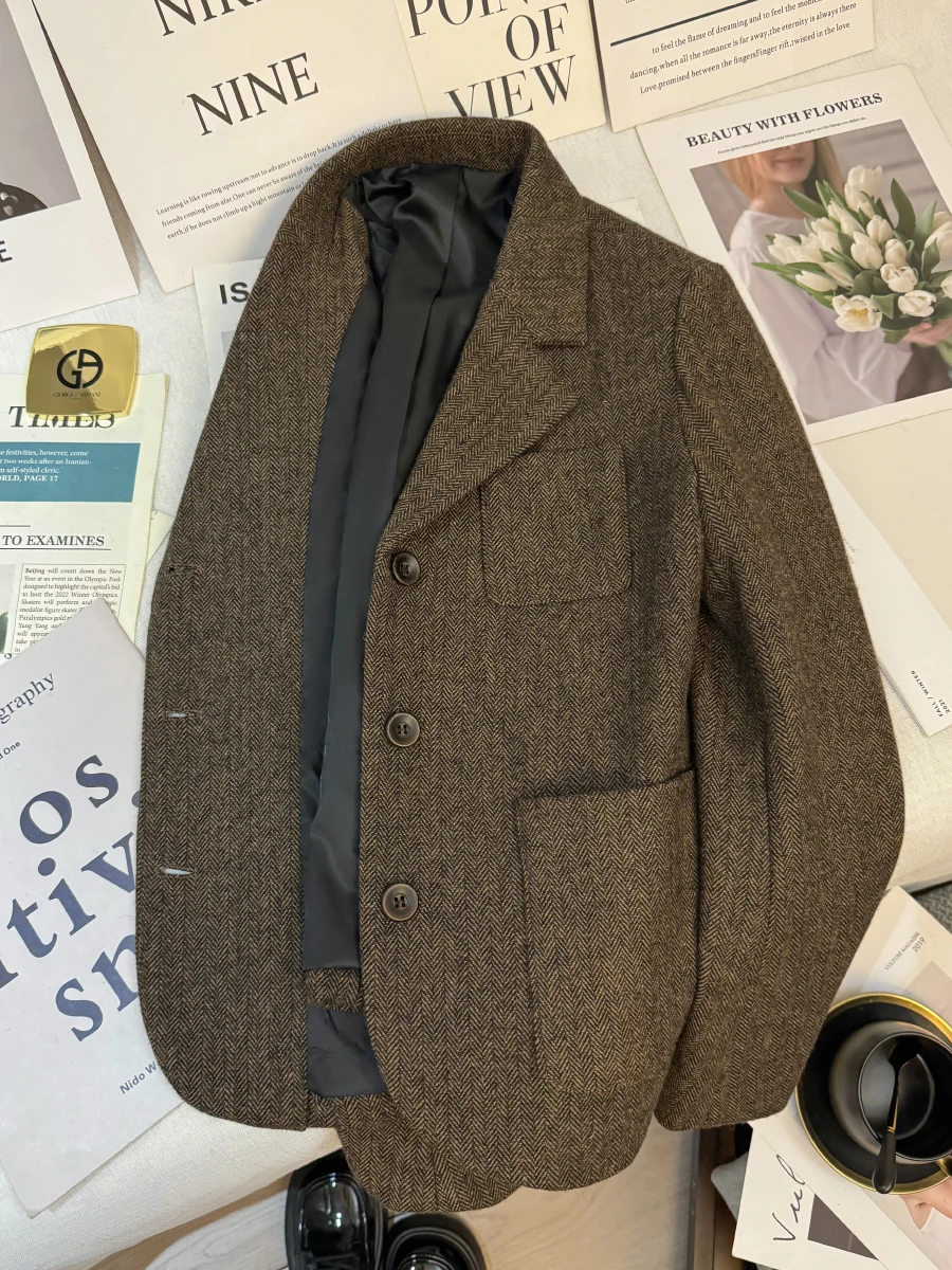 Women's OL Style Brown Blazer Jacket Vintage Casual Oversize Suit Coat Y2k Harajuku Single Breasted Long Sleeve Outerwear Autum