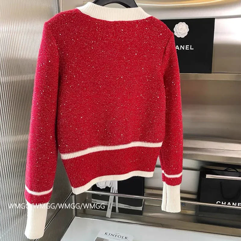 Women Clothing French Fashion Sequin Knitted Sweaters Spring Summer Simple All-match Pocket Cardigan O-Neck Button Tops