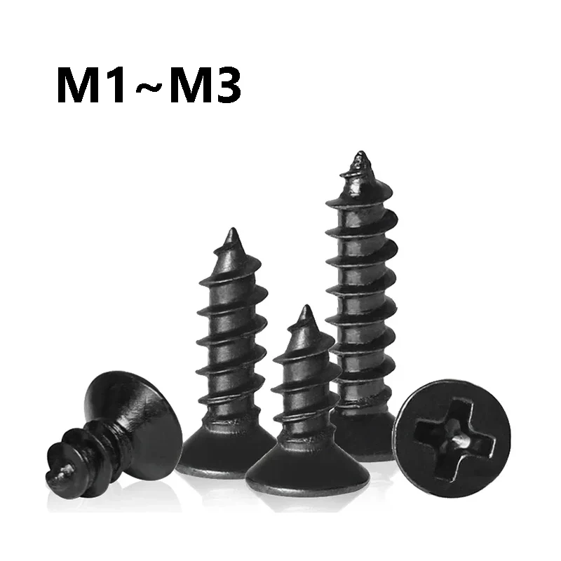 50~200Pcs Black Steel Small Phillips Flat Countersunk Head Self-tapping Wood Screw M1 M1.2 M1.4 M1.7 M2 M2.3 M2.6 M3