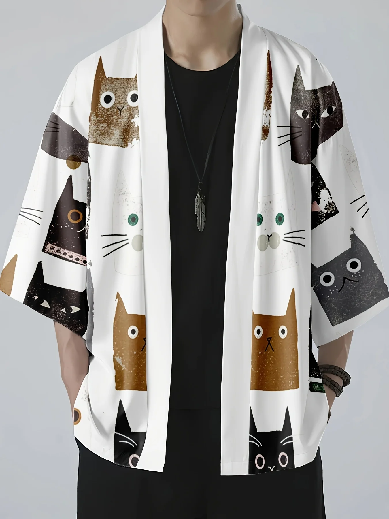 

2026 Summer New Men's Kimono with 3D Cute Cat Print Casual and Fashionable Street Style Comfortable Lightweight Soft and Fluffy