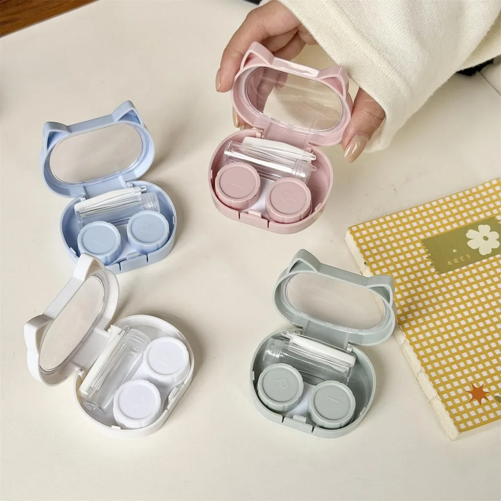 Cute Cat Shape Portable Contact Lens Case Hard Shell Solid Color Travel Contact Lens Storage Box Container Holder With Mirror