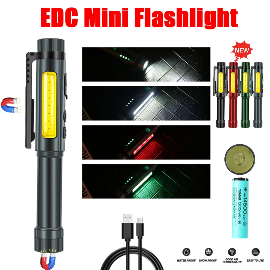 

New EDC LED Mini Flashlight COB Side Light 8 Working Modes Rechargeable Protable Torch 14500AA Battery Magnet Cap Clip Lantern