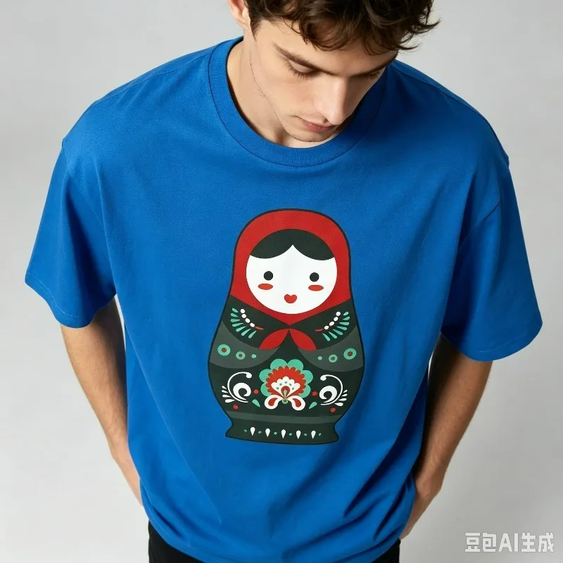 Russian Matryoshka Doll Print Men T-Shirt 100% Cotton Short Sleeve Folk Art Graphic Tee For Street Casual Daily Wear