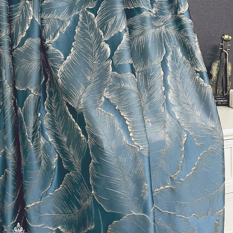 80% Blackout Embossed Stereoscopic Blue Leaves Luxury Curtains for Living Room Bedroom Dining  Modern Bronzing Window Drapes New