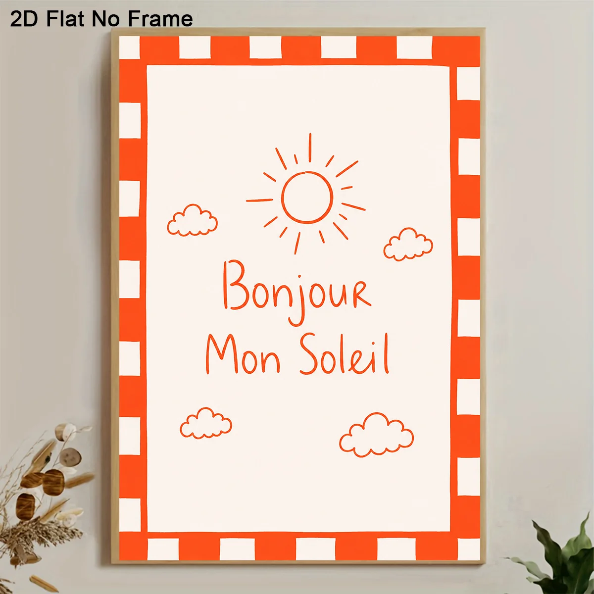 2D Flat, 2D Flat 1pc Frameless Canvas Poster Bonjour Mon Soleil Sun And Clouds Minimalist Red And White Checkered Art Print W