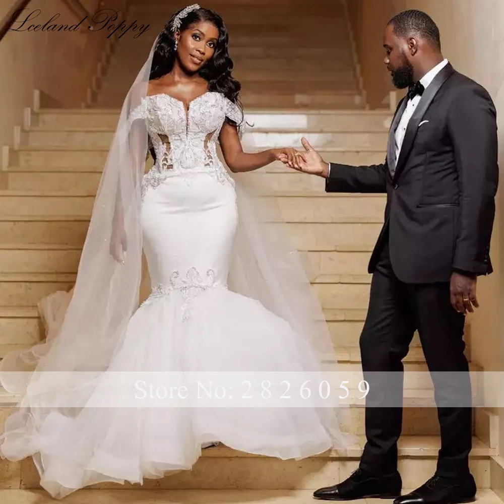 Lceland Poppy Customized Mermaid Wedding Dresses Off the Shoulder Corset Back Bridal Gowns with Beadings