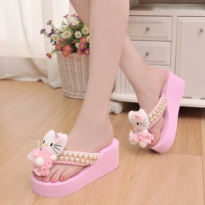 Sanrio Kawaii Hello Kitty Doll Wedges Slipper Women\'s Fashion High Heels Flip Flops Leisure Slides Y2k Platform Sandals Female