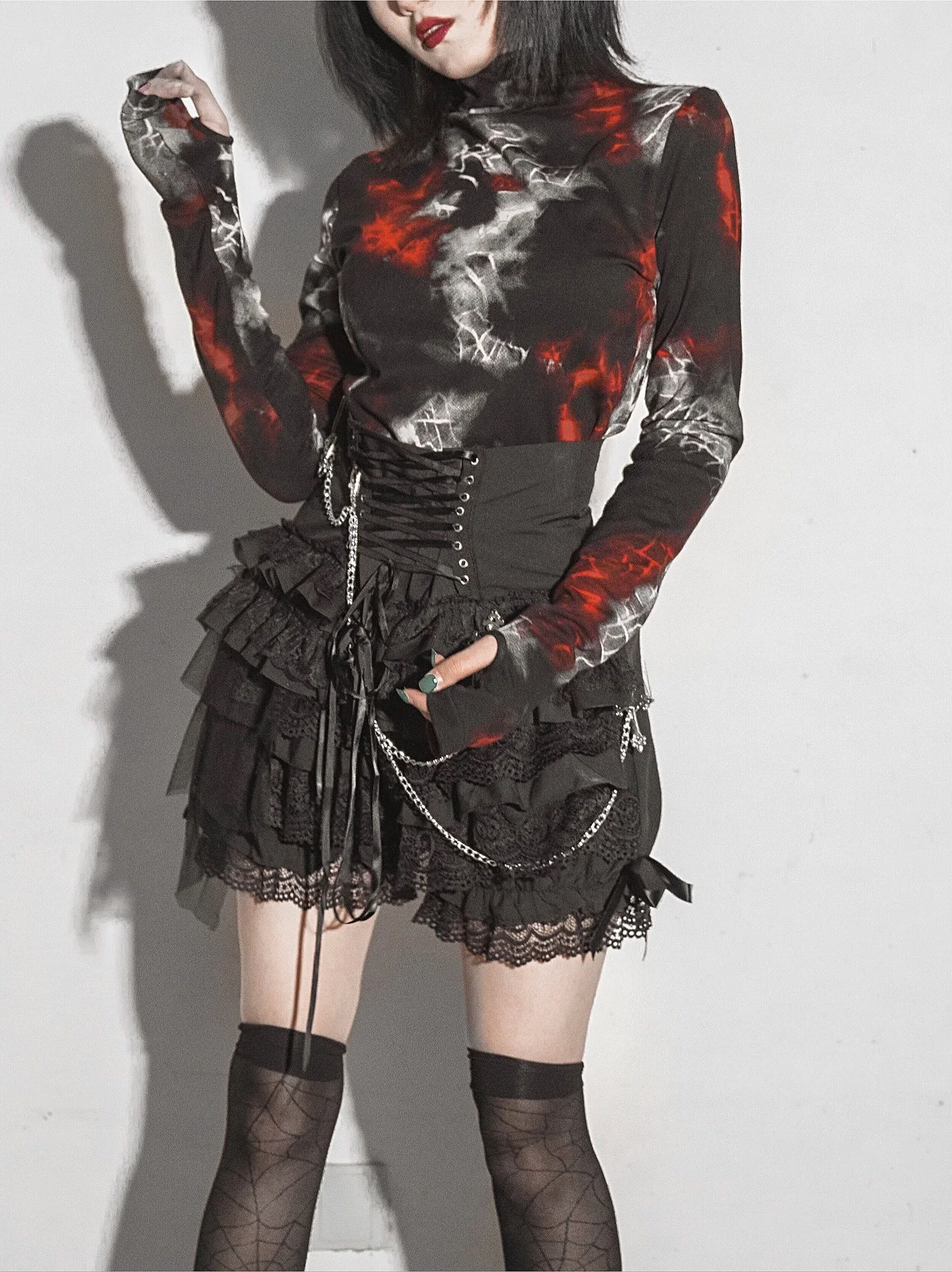 Gothic Red Black Spider Net shirt Women Long Sleeve Turtleneck Punk Dark Black Bottoming Shirt Hoodies Hot Girls Pullover Tops