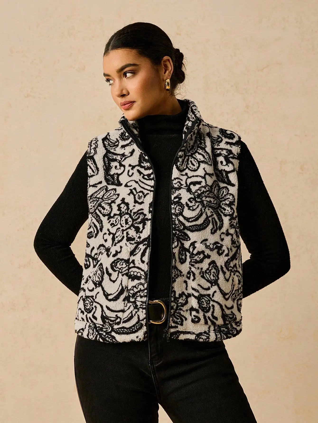 Damska polarowa kamizelka w stylu boho z kwiatowym wzorem, plus size, zapinana na zamek, jesienno-zimowa odzież wierzchnia codzienna.