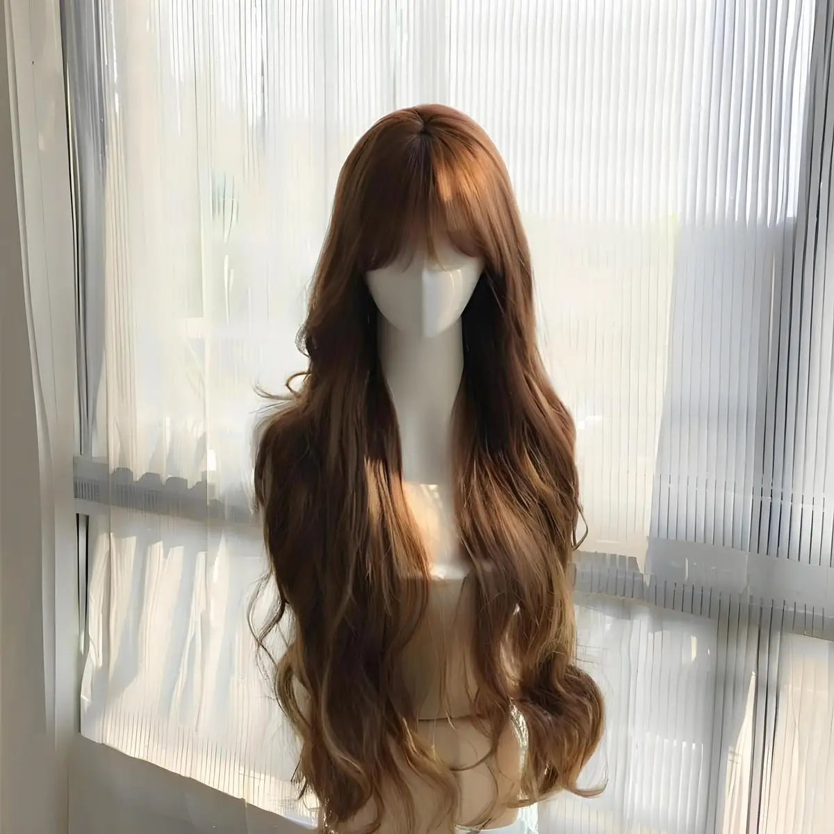 Peruka z koreańskich kręconych włosów - nowy fason z grzywką na powietrze na rok 2025, objęte fale, miękki jesienny styl, uniwersalny rozmiar