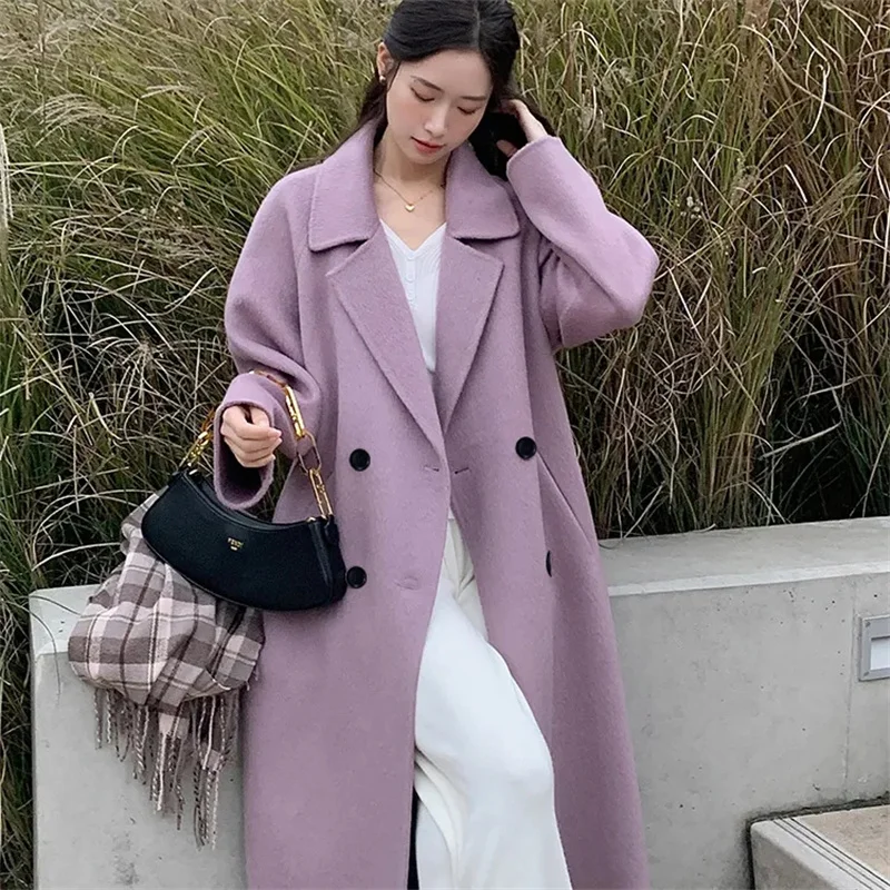 Winter Female Double Sided Velvet Coat 2024 Ladies Medium Long Styles Woolen Outwear Korean Women Over The Knee Woolen Jacket