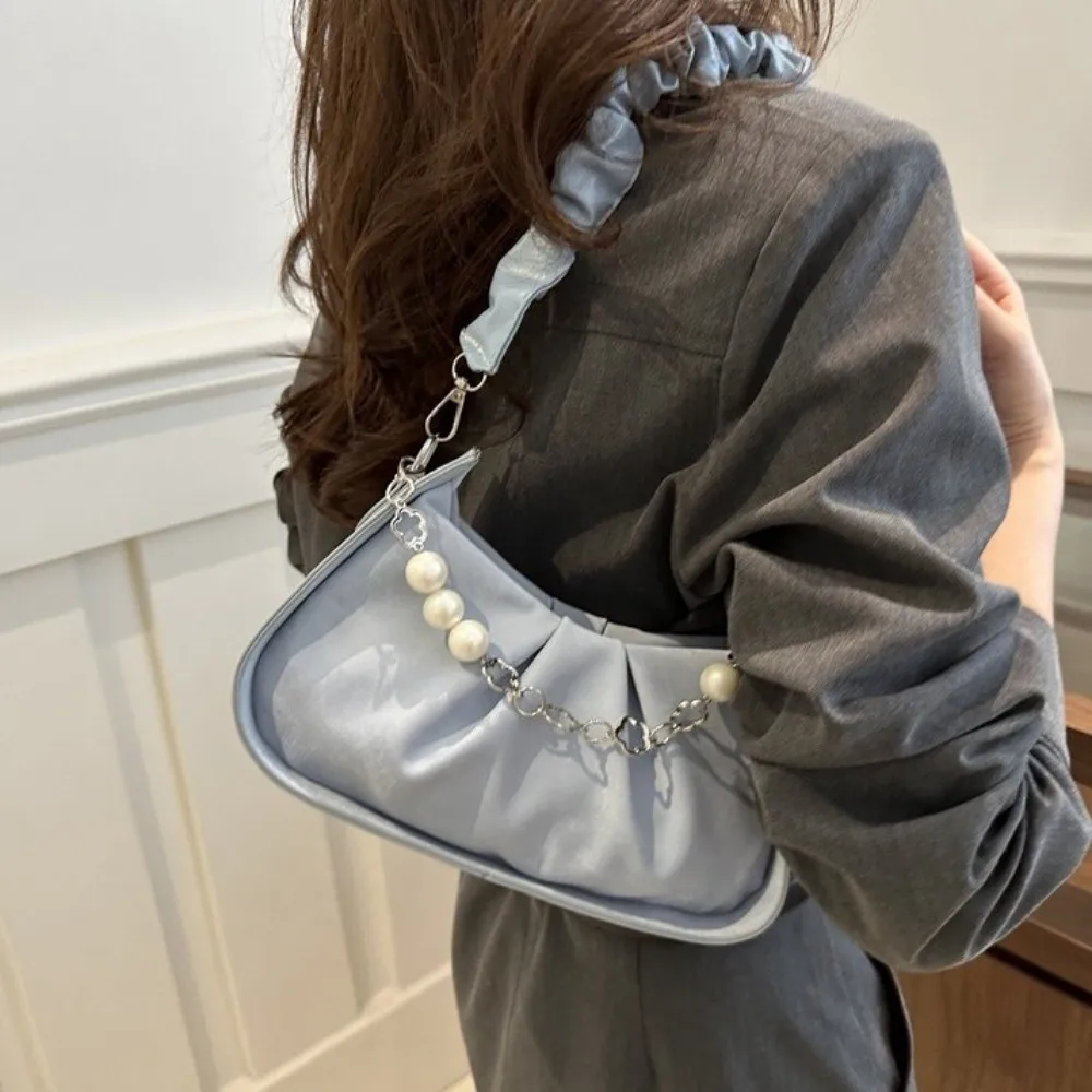 Solid Color Cloud Shoulder Bag Korean Style Chain Pearl Chain Crossbody Bag Single Shoulder PU Leather Pleated Handbag Travel