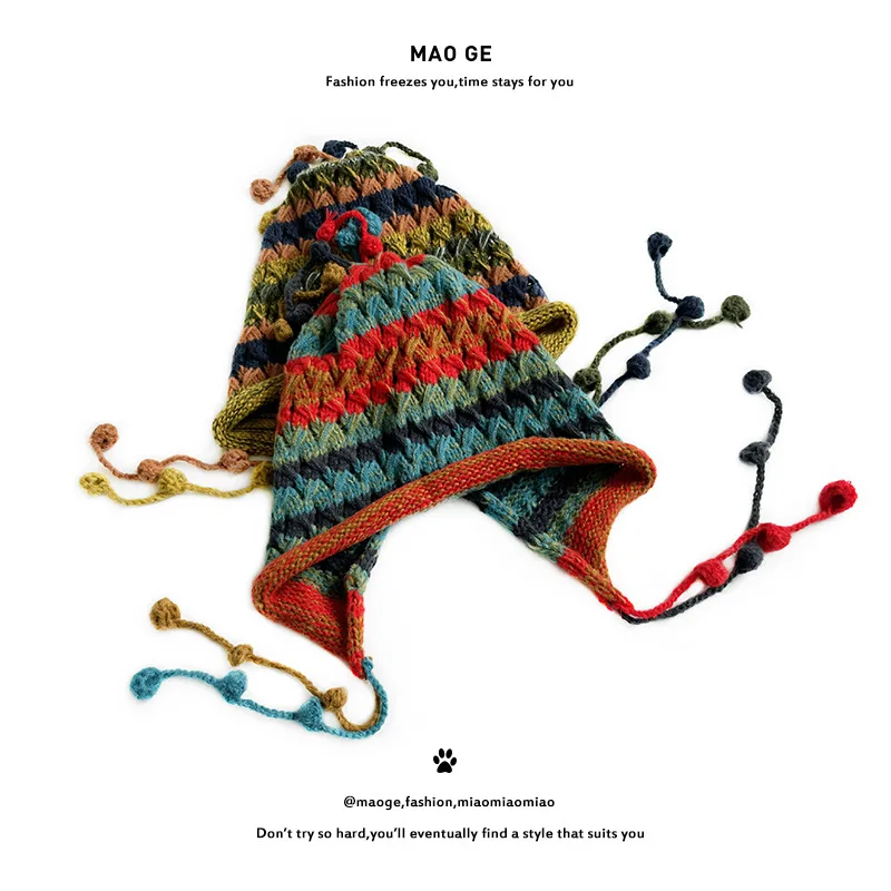 Korean Version Colored Ball Ear Protector Knitted Hat Wool Blend Beanie Women Fall Winter Retro Personalized Lace-up Fringed Cap