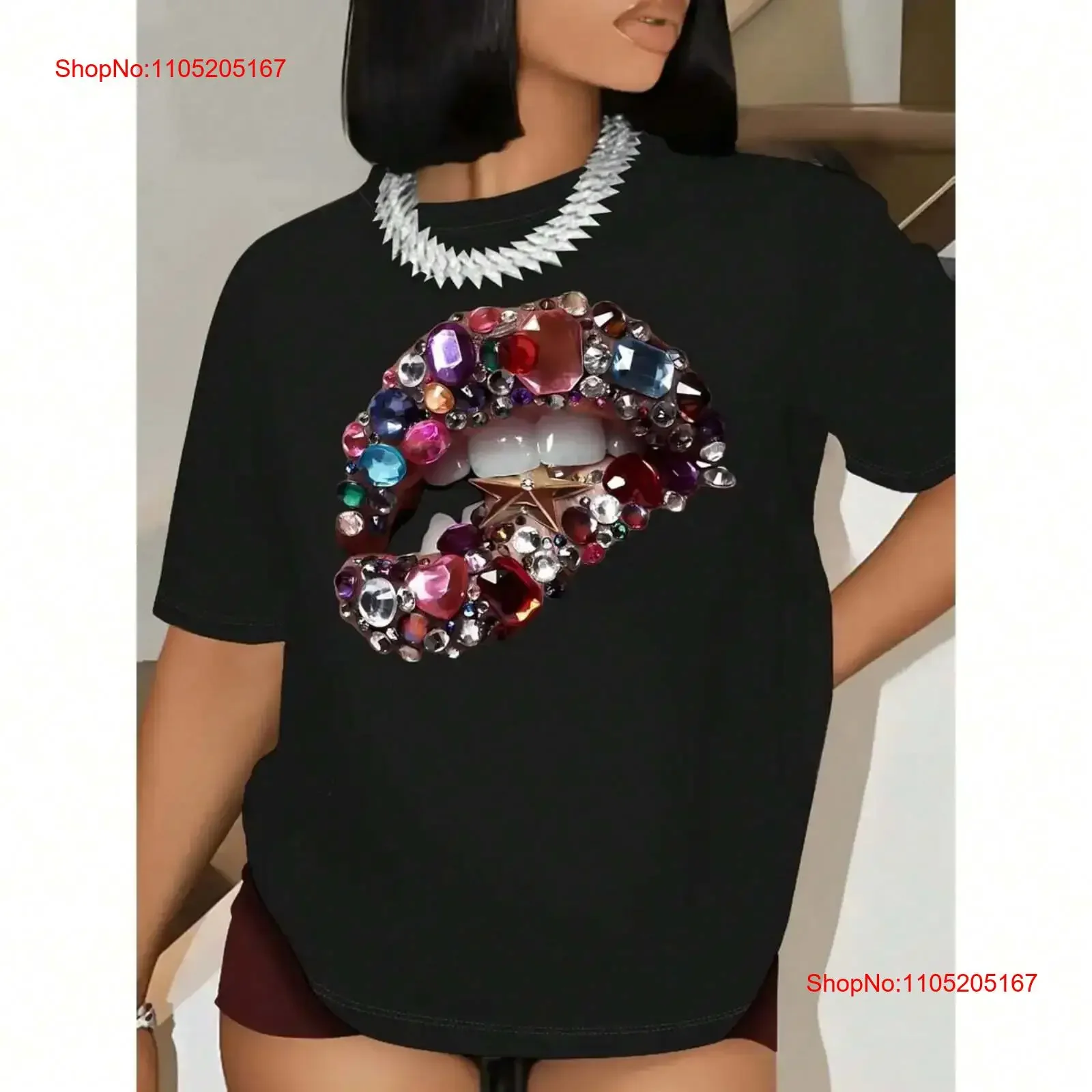 

Women's T shirt Bright Gemstone Lip Print Pattern All Season Casual Top vintage Washed graphic homme Comfortable