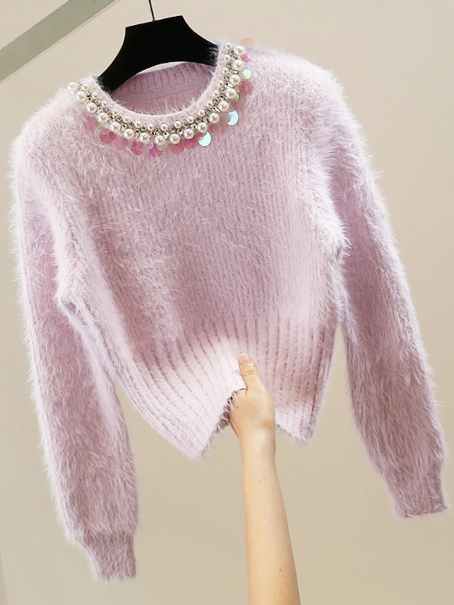 Exquisite Rhinestone Plush Waist-Controlled Slimming Long Sleeve Sweater Fashion Sweet Pullover Elegant Women's Knitted Top