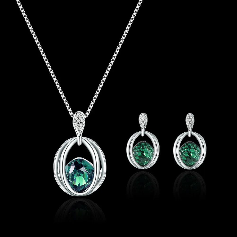 New Luxury 925 Sterling Silver Green Crystal Jewelry Set For Women Pendant Necklace Earrings Set Fashion Jewelry