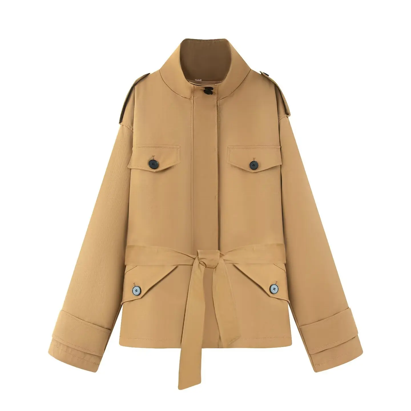 2025 New Women Casual Loose Belted Short Trench Coat Large Pocket Design Multi Color Options Elegant Style