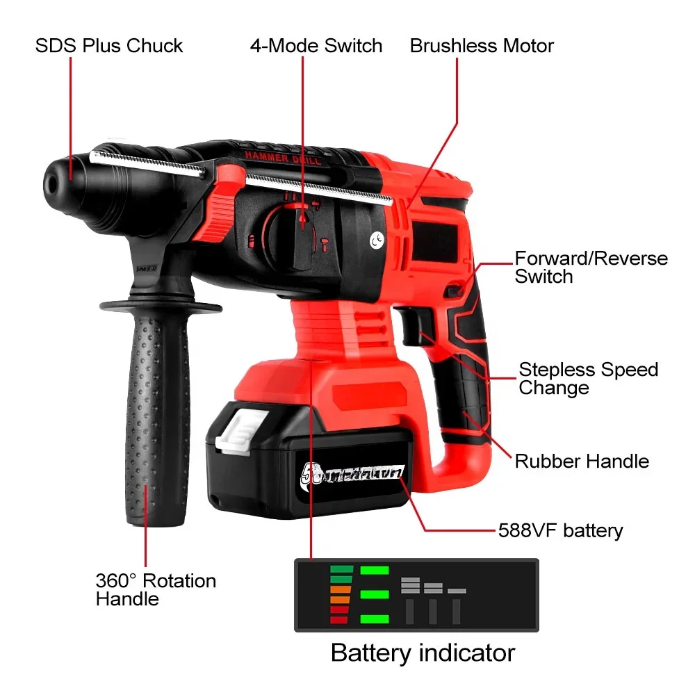 z 2000W 4 Function 26mm Brushless Cordless Electric Hammer Drill Rotary Hammer Impact Drill with 588vf Battery
