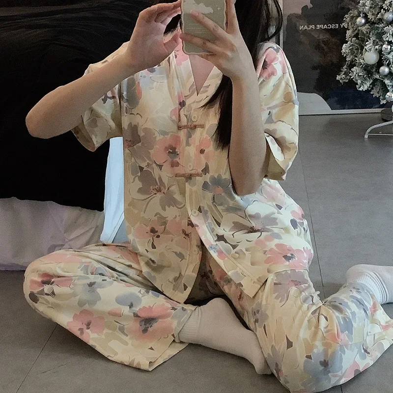 Conjunto de Pijama de satén con estampado Floral para mujer, pantalones de manga corta de algodón, 2 piezas, ropa de dormir