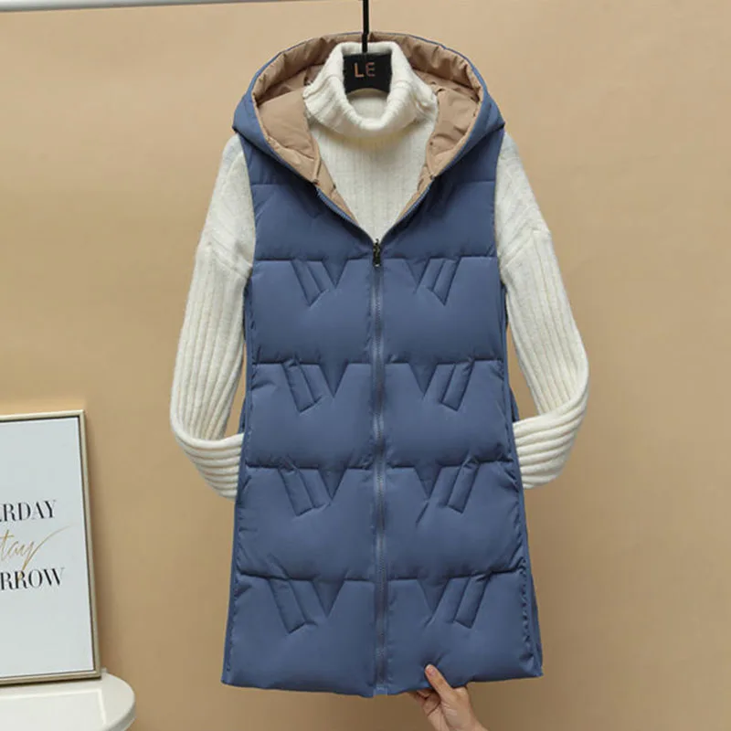 Women's Reversible Down Cotton Vest, Long Outerwear, Hooded Parka, Female Overcoat, Casual Cotton Waistcoat, Autumn, Winter, New