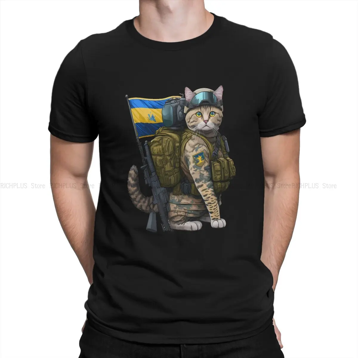 Cat Ukrainian Soldier Animal Newest TShirt for Men Harajuku Round Collar Polyester T Shirt Personalize Gift Clothes Streetwear