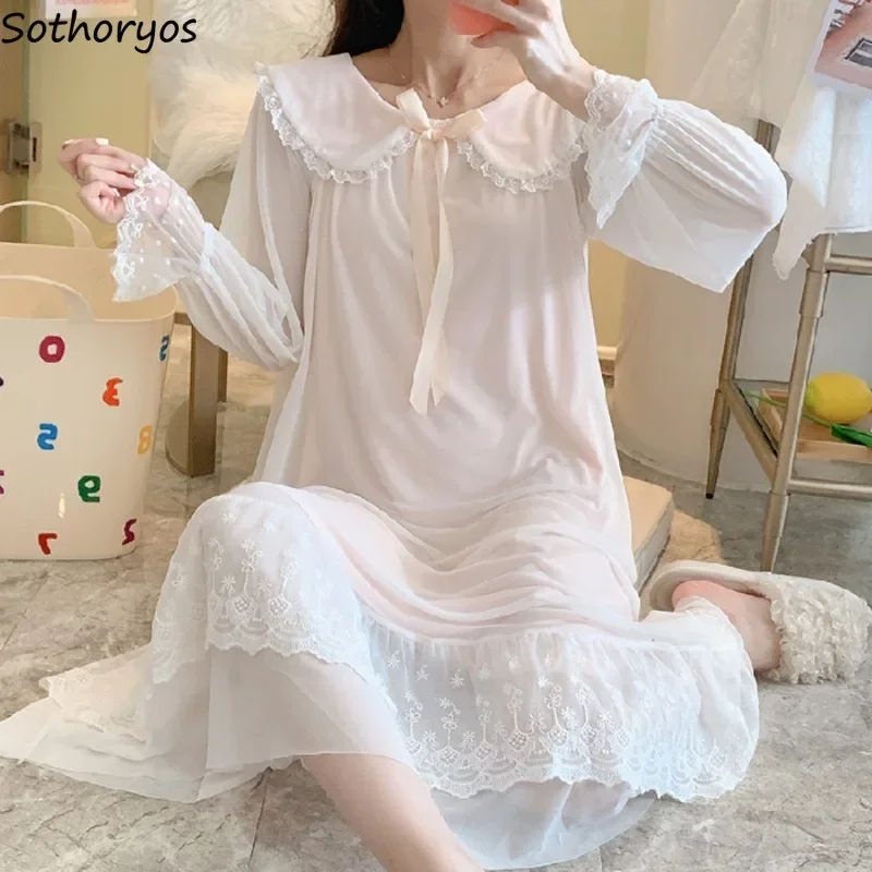 Long Sleeve Nightgowns Women 3 Colors Elegant Baggy Lace Sexy Sleepwear Home Aesthetic French Style All-match Breathable Mujer