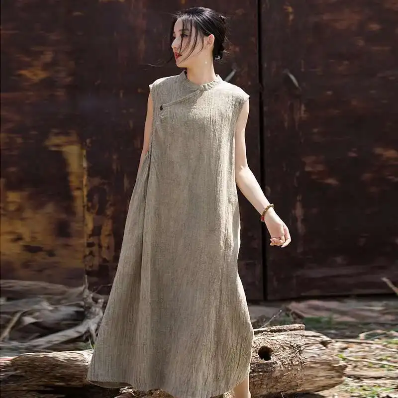 UMI MAO – Robe d'été fine, élégante, en lin et coton, faite à la main, teint par nouage, Style chinois, originale, sans manches, robes longues pour femmes