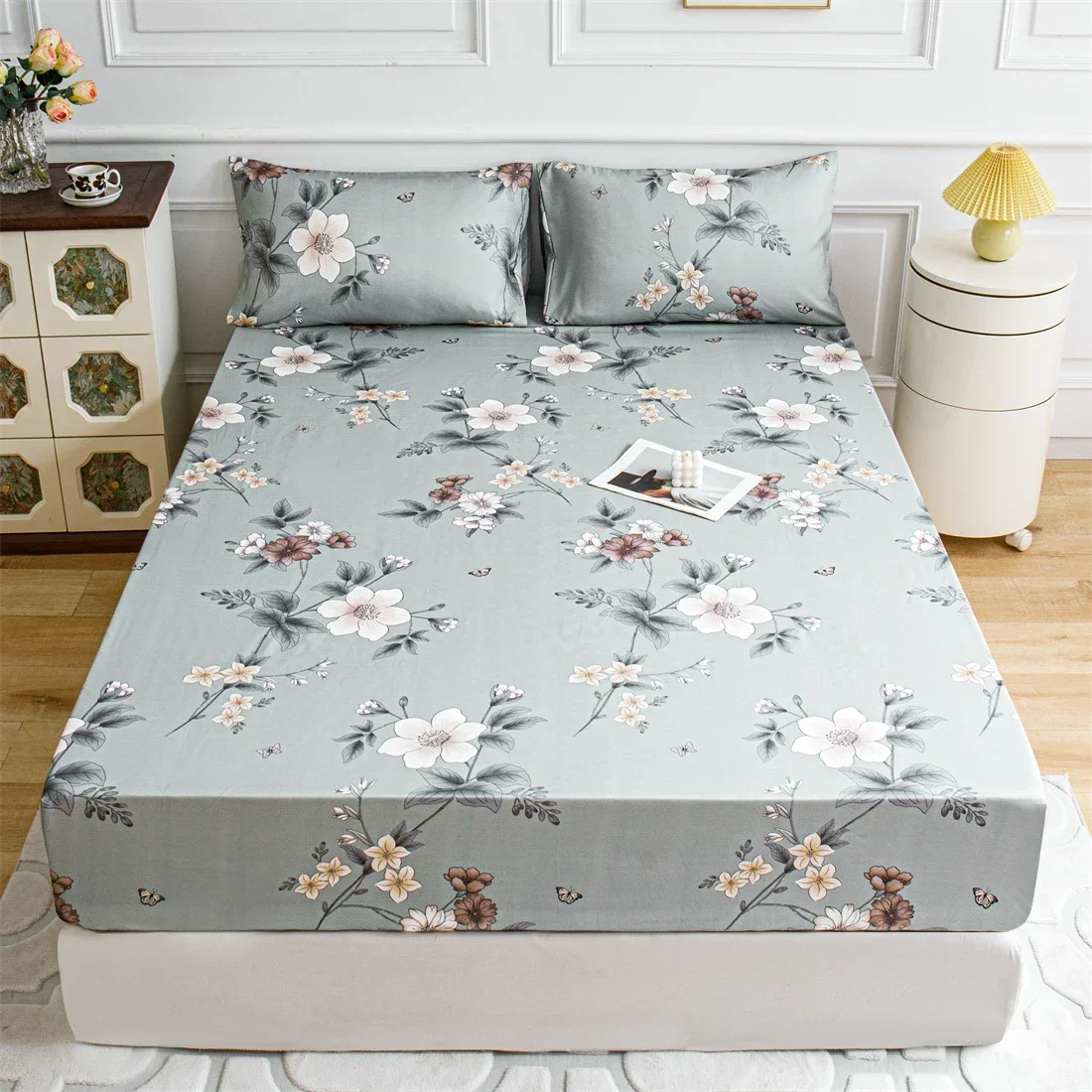 Grey white flower Bed Fitted Sheets Sabanas Mattress Cover with Elastic Microfiber (no pillowcase) 160*200*25cm