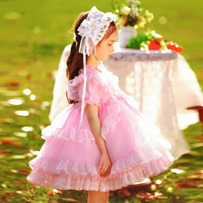 Lolita Girl Summe New Mesh Dress Short Sleeve Pink Princess Children's Day Party Dress Kids Birthday Dress 1-10Y Wz1172