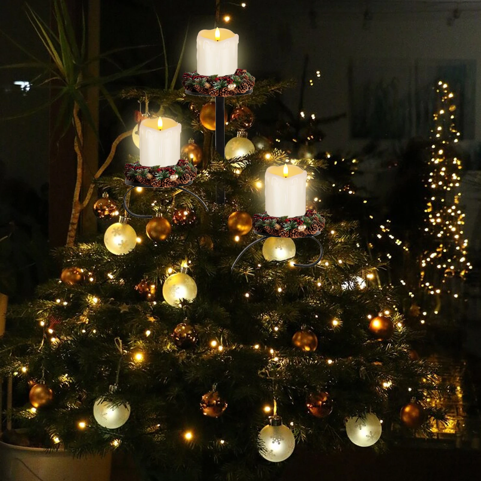 Black Triple Tree Topper Candelabra Tree Topper Shelf for Christmas Tree 3 Tier Candle Holder Indoor Bedroom Kitchen