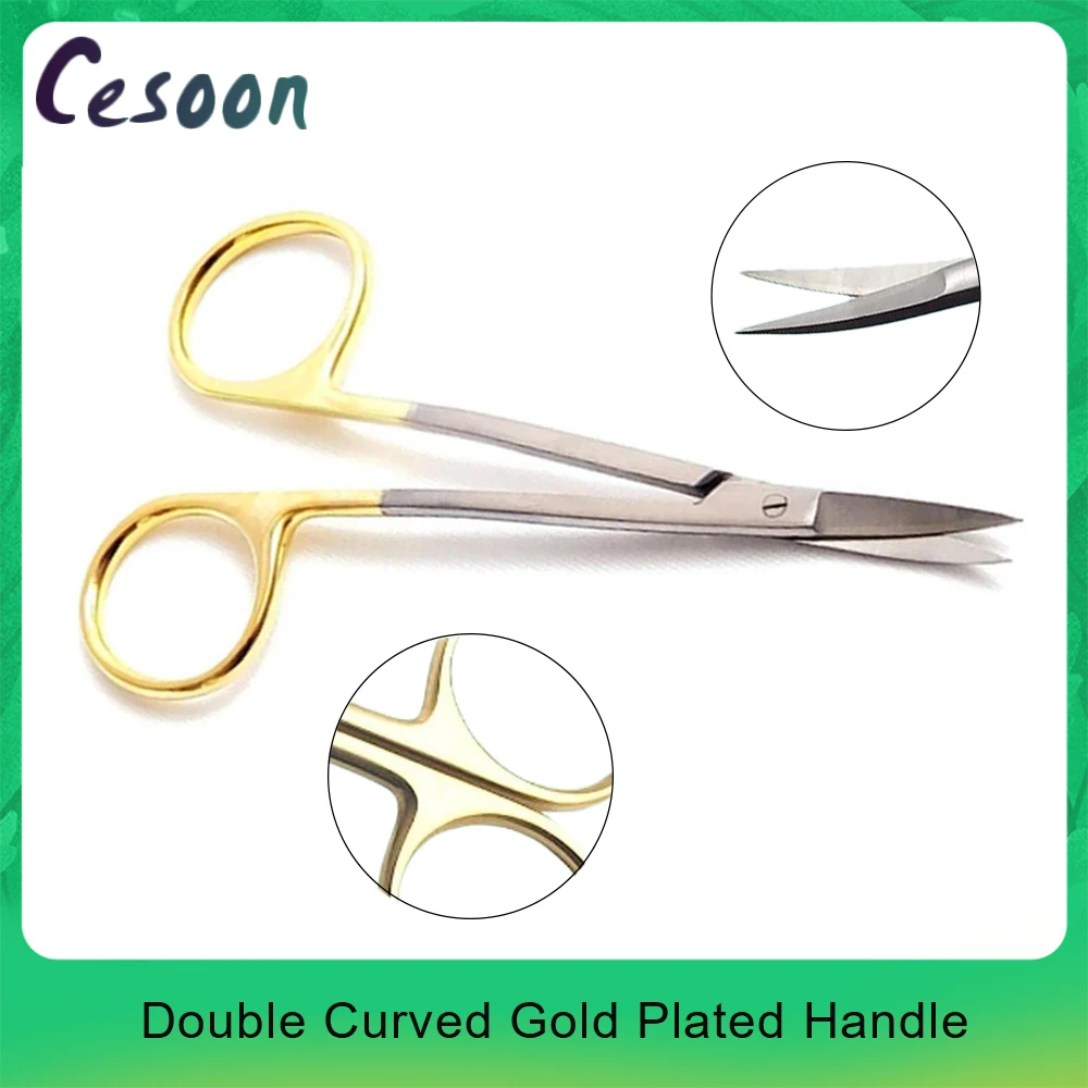 1Pcs Dental Surgical Double Curved Gold Plated Handle S Scissors Medical Dissecting Stainless Steel 11.5cm Dentistry Tools