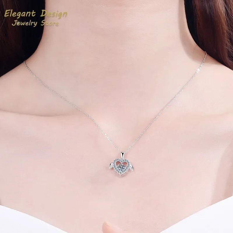 Niche Design Platinum PT950 Double Winged Heart Pendant 0.5ct Moissanite Sweet Necklace for Women Fashion Matching Jewelry