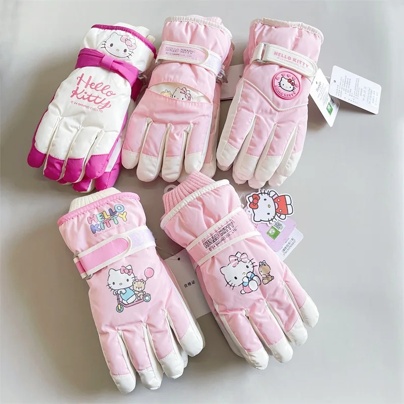 

Sweet Hello Kitty Anime Kawaii MINISO Children Ski Gloves Cute Cartoon Kt Cat Warm Gloves Winter Gifts Lovely Toys for Girls